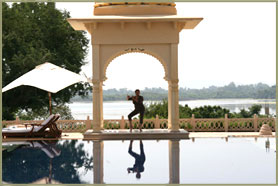 Shree Ayengar in a Bharata Natyam/Yoga pose in Hotel Oberoi Udaivilas in Udaipur, India